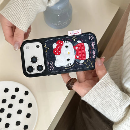 Luxury Denim Leather Pattern Cartoon Hello Kitty Case For iPhone Love Heart Stars Style Cover