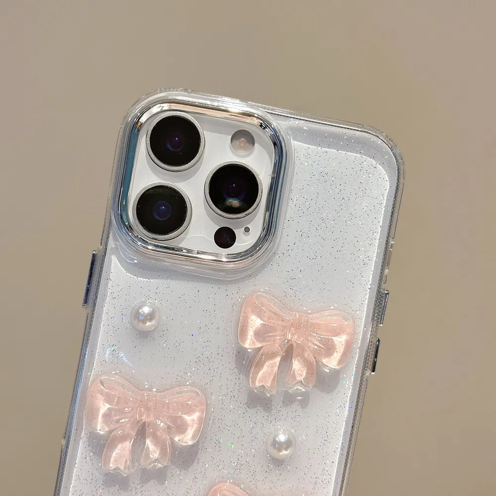 Korean Cute 3D Pink Bowknot Pearl Clear Phone Case For iPhone Shockproof Transparent Cover