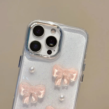 Korean Cute 3D Pink Bowknot Pearl Clear Phone Case For iPhone Shockproof Transparent Cover