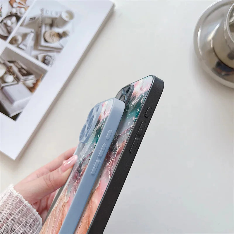 Elegant Marble Pattern iPhone Case With Tempered Glass Cover