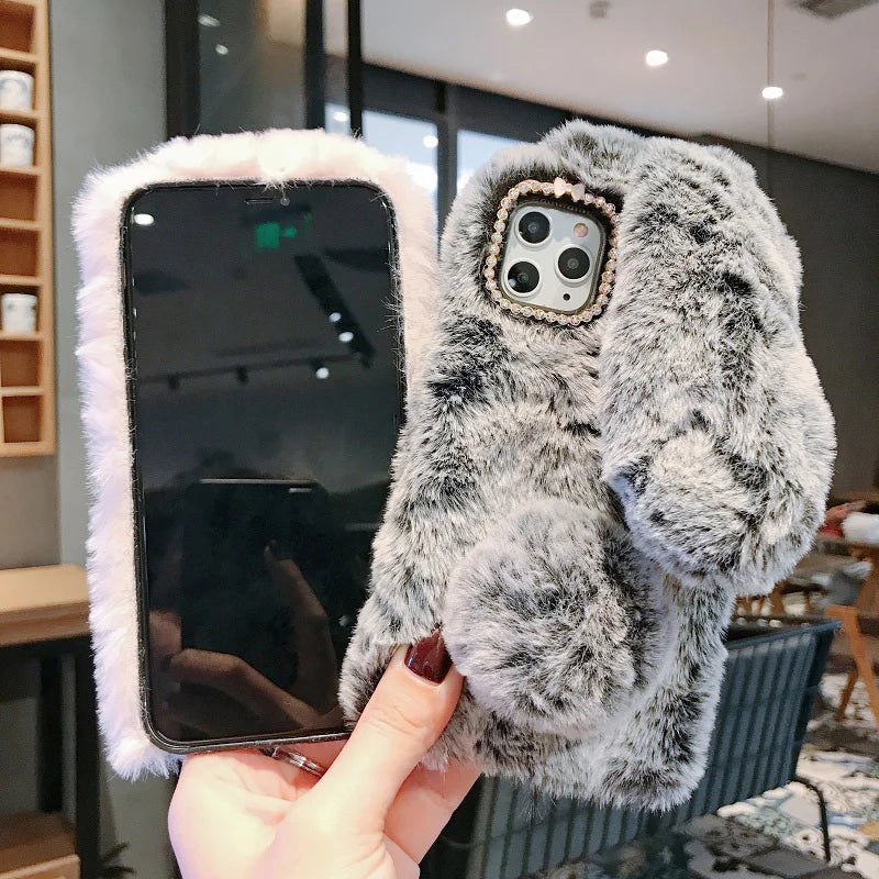 Plush Warm Case For iPhone Cute Long Rabbit Ears Furry Fluffy Fur Cover