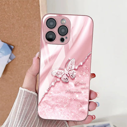 Tempered Glass Phone Case For iPhone Elegant Butterfly Cover
