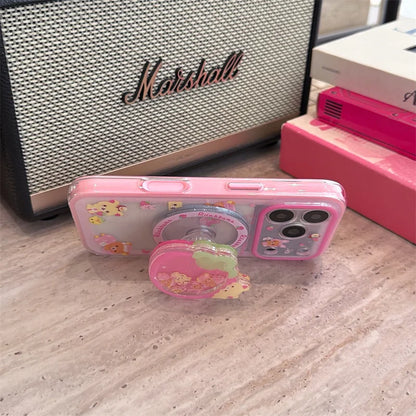 Cute Strawberry Bear Phone Case For iPhone With Magnetic Grip Stand Shockproof