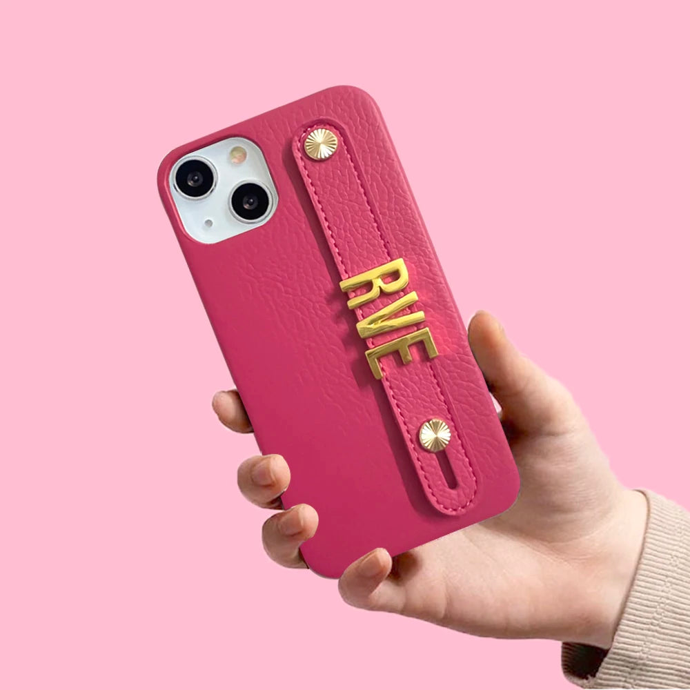 Personalized Leather Phone Case with Strap & Gold Letters For iPhone