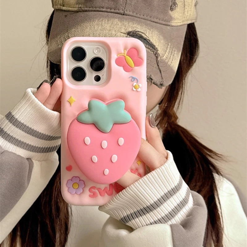 Cute 3D Cartoon Strawberry Hand Grip Holder Soft Silicone Phone Case
