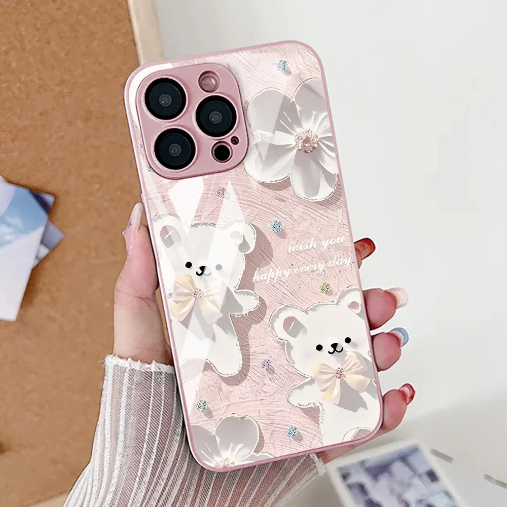 Cute Cat Phone Case For iPhone Tempered Glass Shockproof Cover Coque