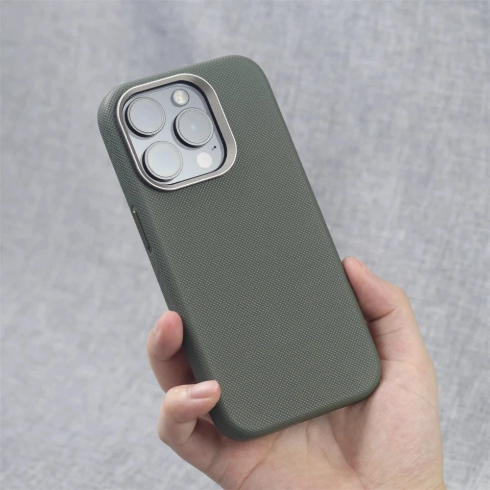 Luxury Alloy Lens Frame Particle PU Leather Magnetic Case For iPhone