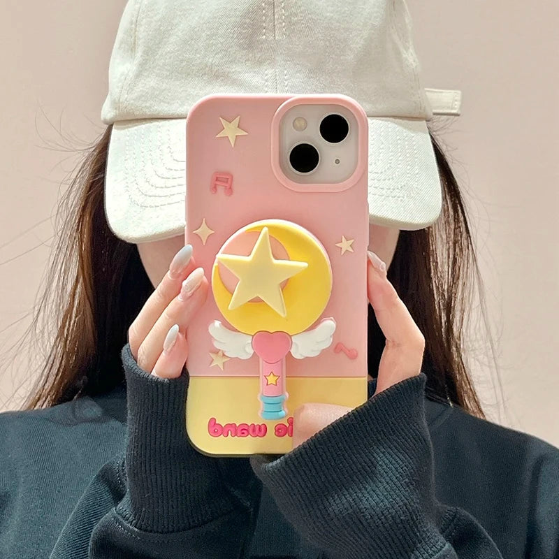 Fashion Moon Star Magic Wand Holder Stand Silicone Phone Case