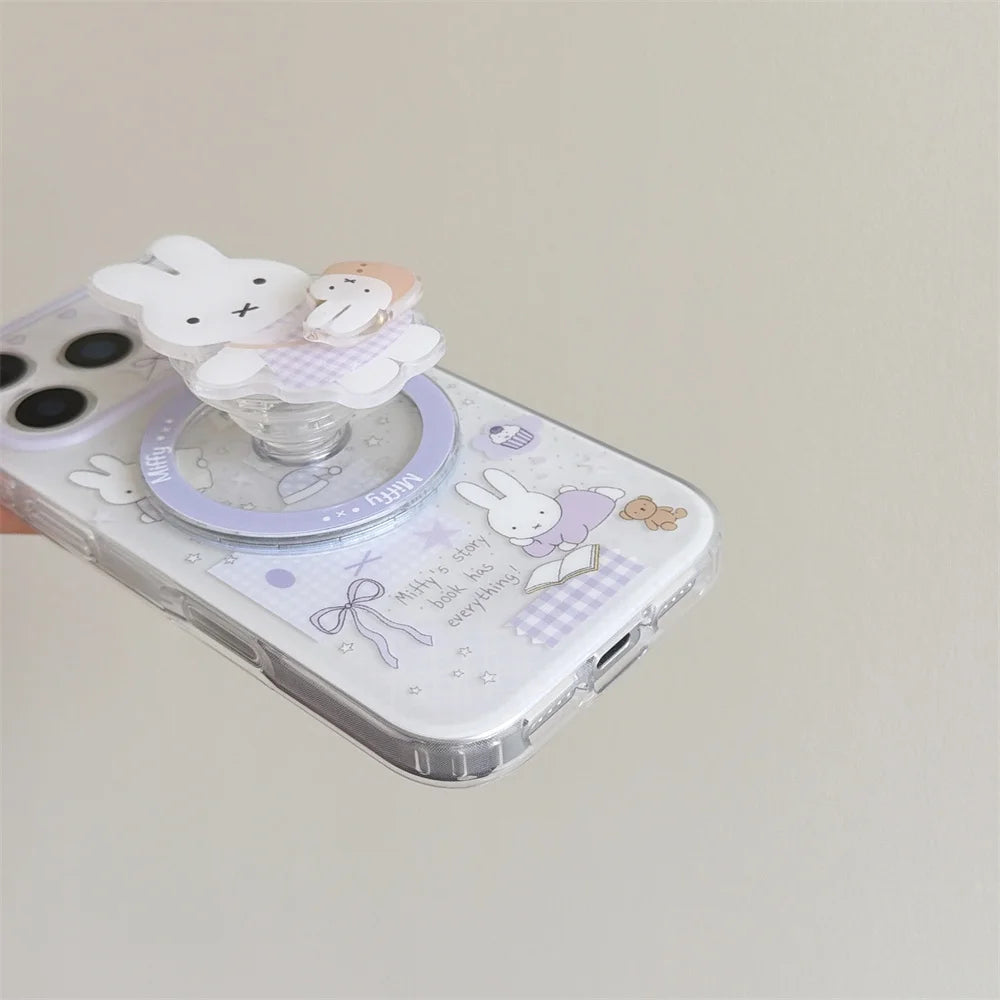 Korean INS Star Bow Rabbit With Magsafe Stand Phone Case For iPhone