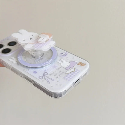 Korean INS Star Bow Rabbit With Magsafe Stand Phone Case For iPhone