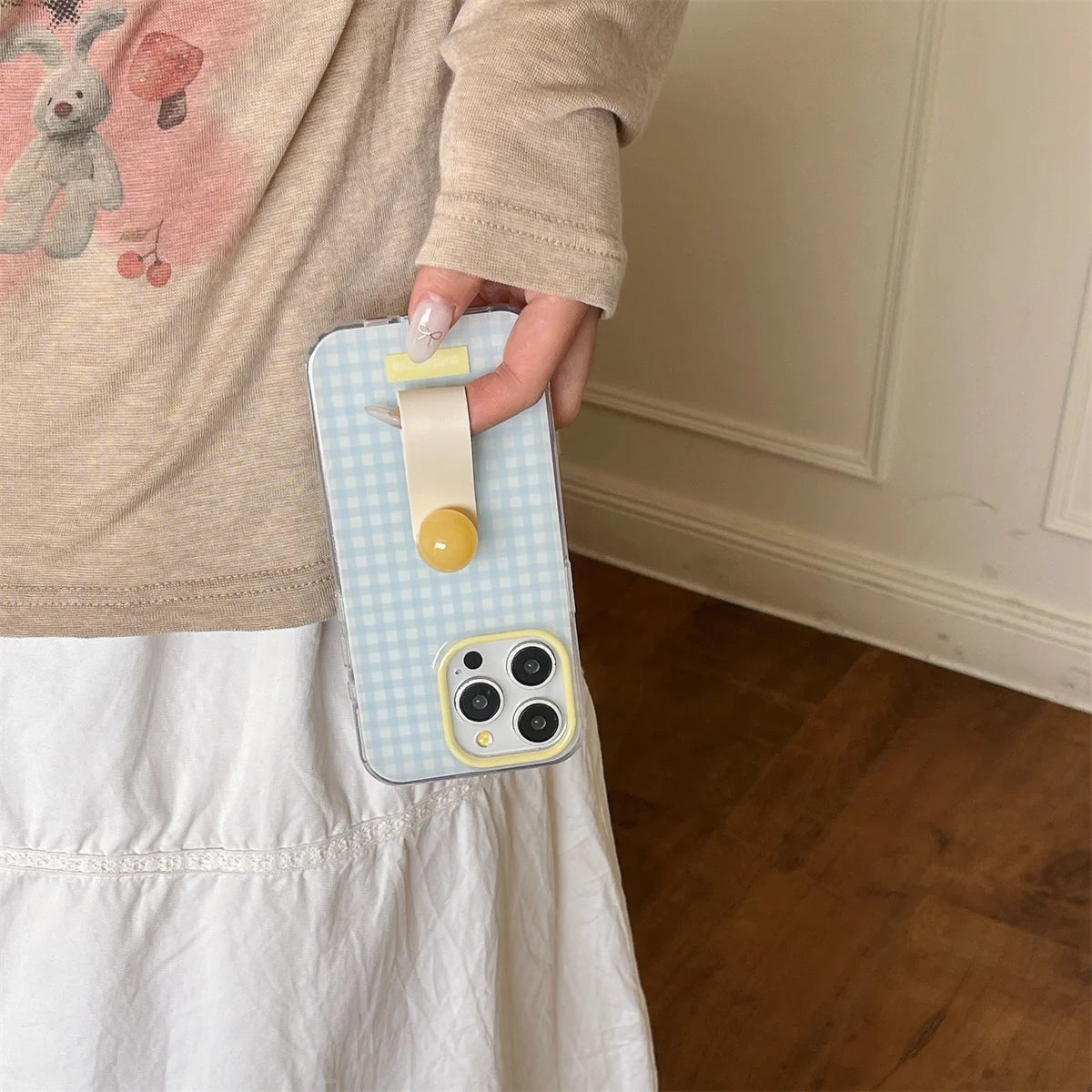 Cute Cartoon Blue Tartan Cream Clear Phone Case