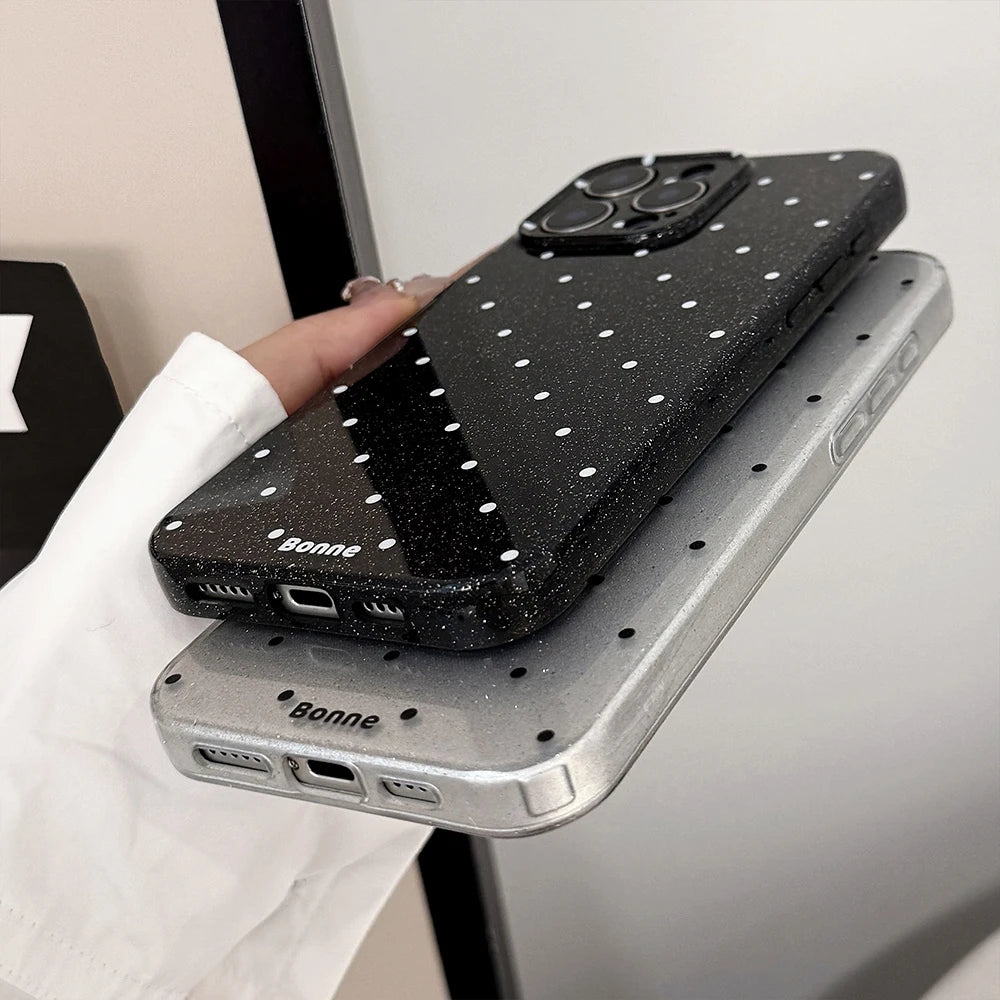 Lovely Glitter Korean Ins Sparkling Black White Polka Dots Phone Case