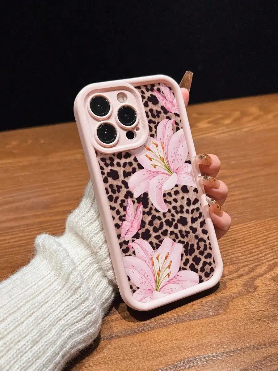 Cute Pink Lily Flower Leopard Print Matte Phone Case For iPhone