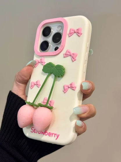 Cute Pink 3D Bow Strawberry Silicone Phone Case