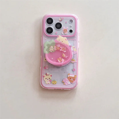 Cute Strawberry Bear Phone Case For iPhone With Magnetic Grip Stand Shockproof