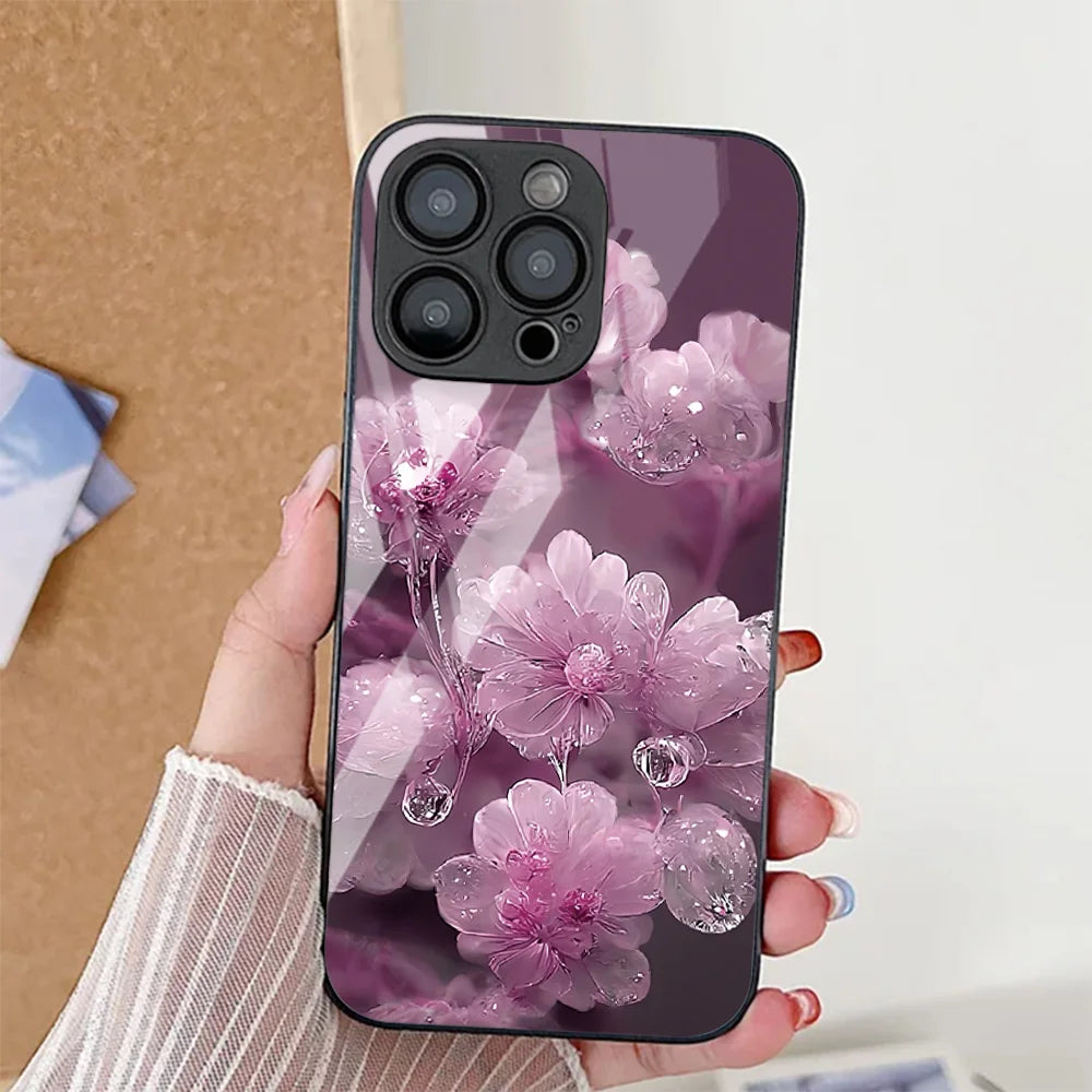 Flower Phone Case For iPhone  Shockproof Tempered Glass Cover