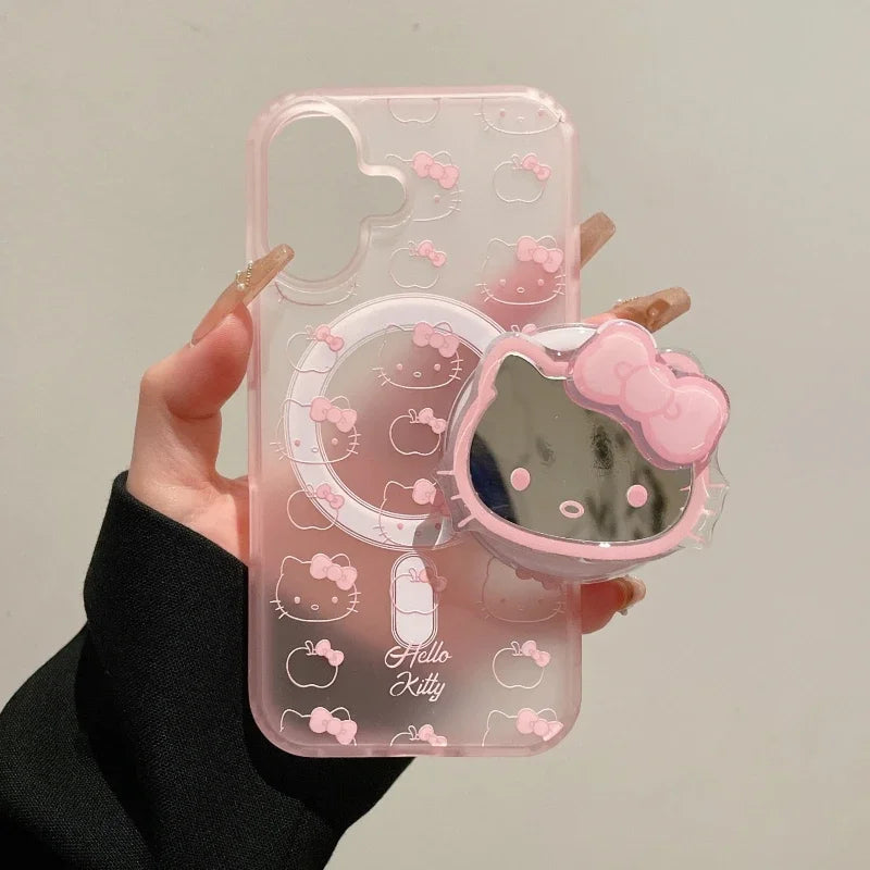 Cute Sanrio Hello Kitty Magnetic Magsafe Wireless Charge Phone Case For iPhone Mirror Grip Holder Cover