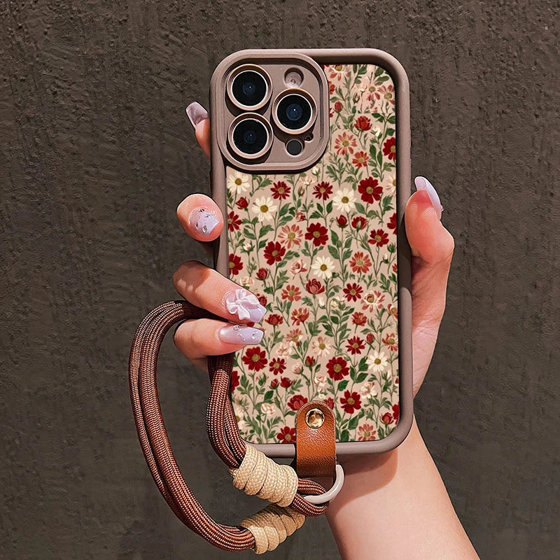 Cute Floral Lanyard Strap Phone Case For iPhone Soft Silicone Cover
