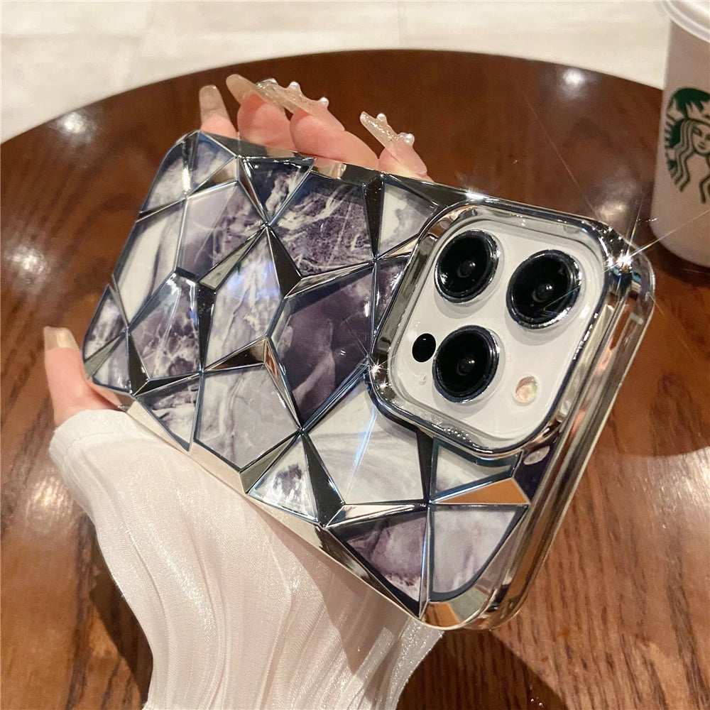 Plating Glitter Diamond Pattern Colorful Marble Phone Case For iPhone