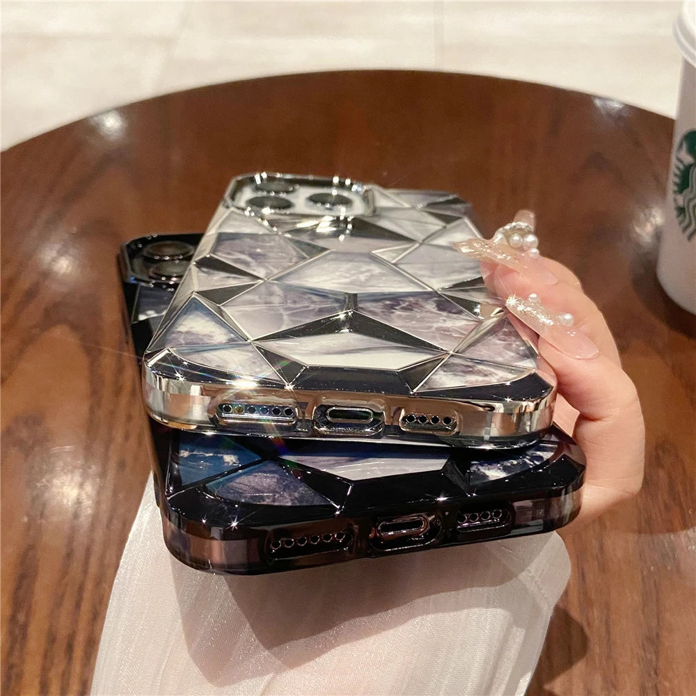 Plating Glitter Diamond Pattern Colorful Marble Phone Case For iPhone