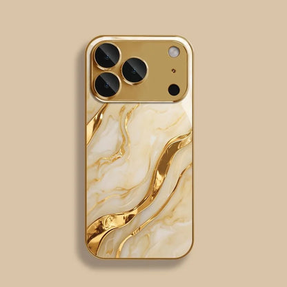 Golden Marble Waves Gold Metallic Paint Tempered Glass Phone Case For iPhone