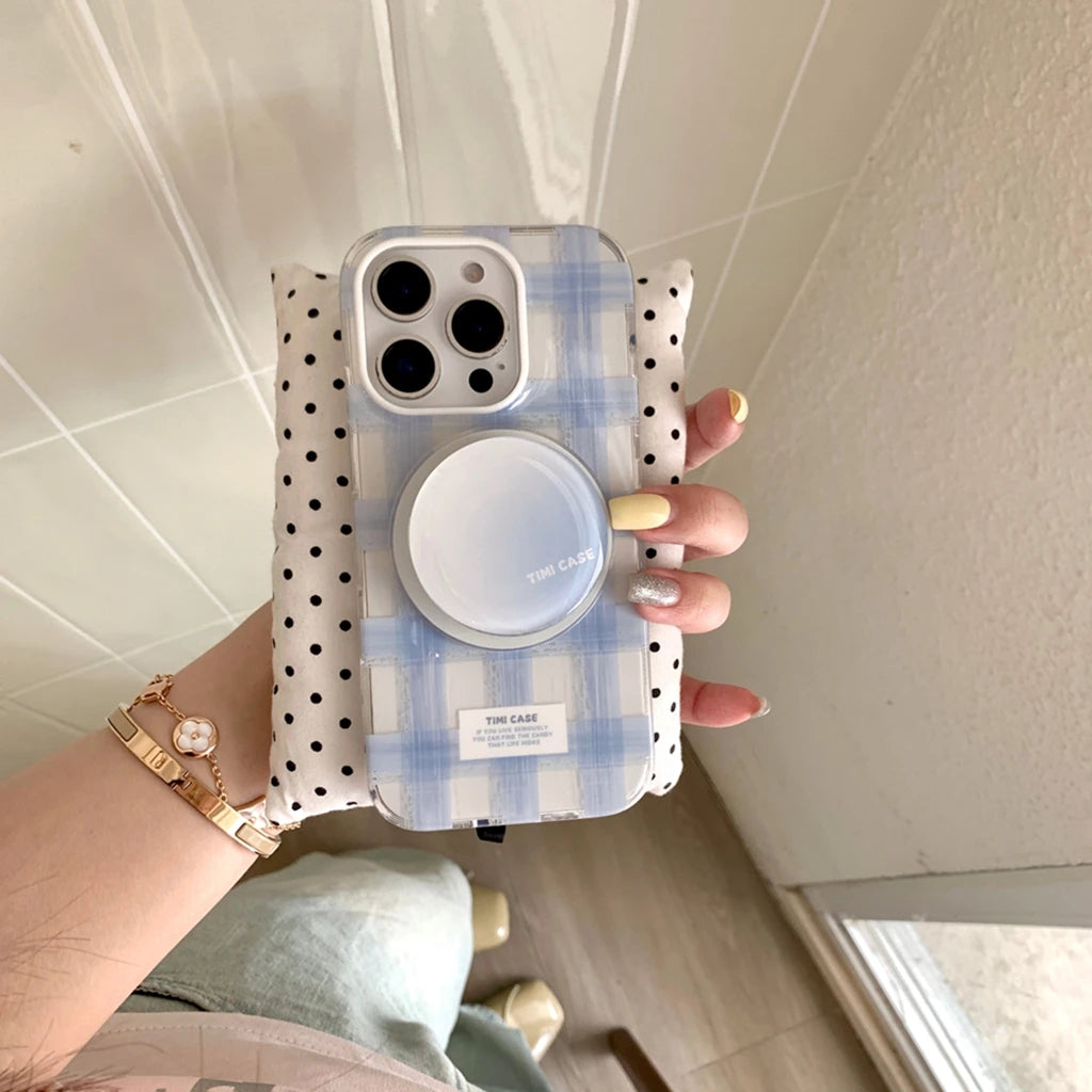 Fresh Simple Pink Blue Grid Pattern With Holder Magnetic Wireless Charging Phone Case