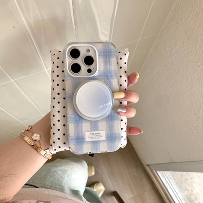 Fresh Simple Pink Blue Grid Pattern With Holder Magnetic Wireless Charging Phone Case