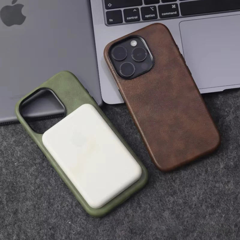 Retro Crazy Horse Leather Magsafe Phone Case For iPhone Simple Leather Texture Magnetic Phone Case