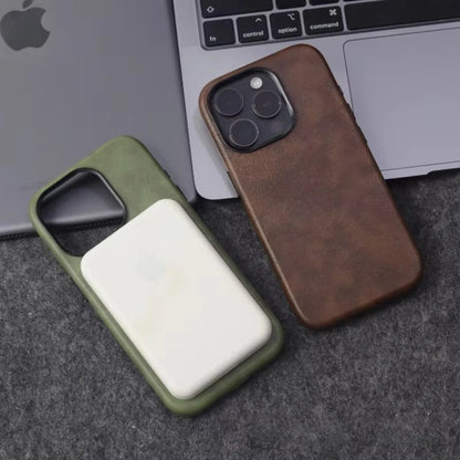 Retro Crazy Horse Leather Magsafe Phone Case For iPhone Simple Leather Texture Magnetic Phone Case