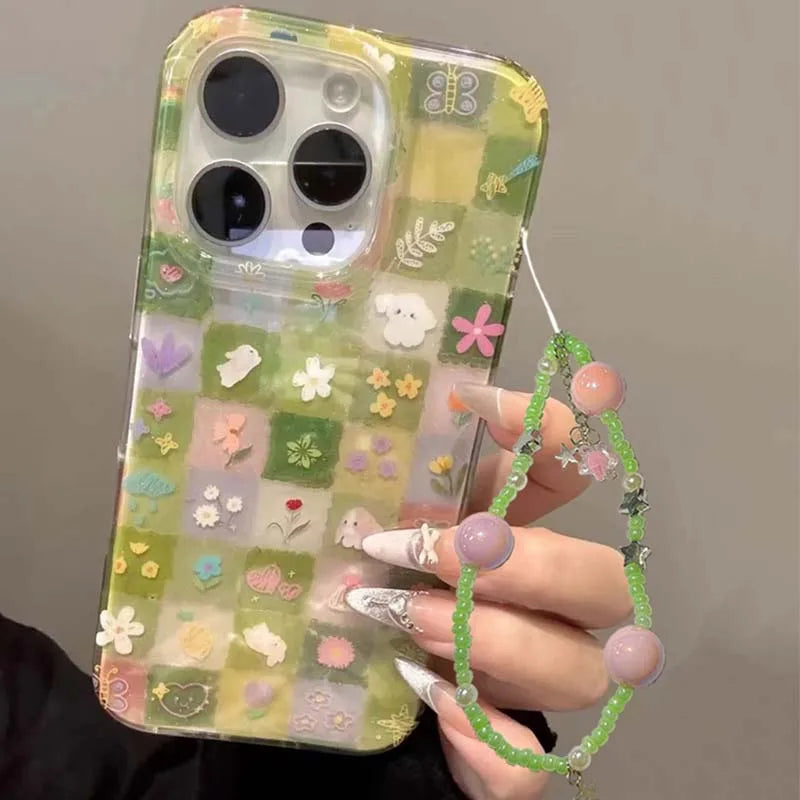 IND Green Grass Grid Pattern Broken Flower Rabbit Phone Case With Chain  For iPhone