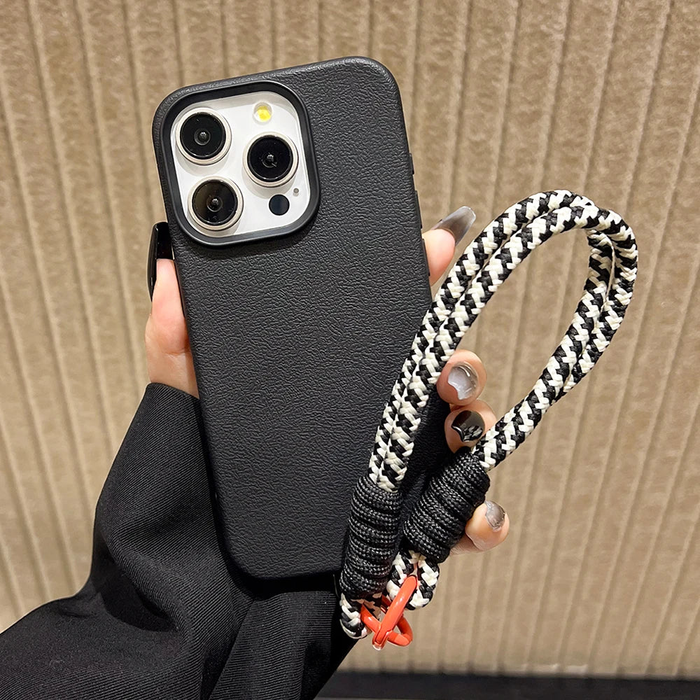 Cute Candy Leather Texture With Wrist Strap Case For iPhone Solid Color Soft Cover