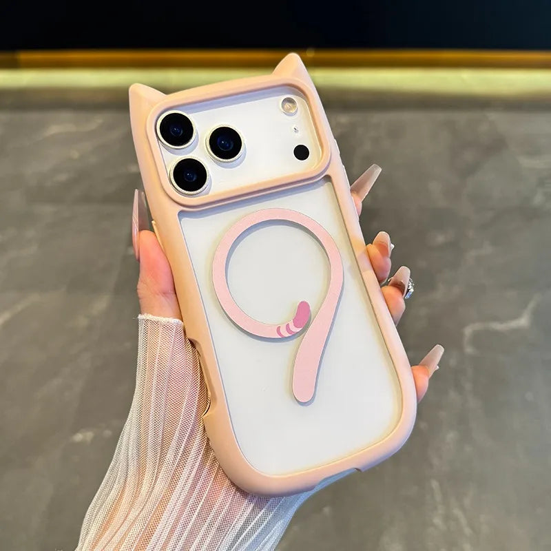 For Magsafe Cartoon Cat Ear Transparent Case For iPhone Magnetic Wireless Charging Cover