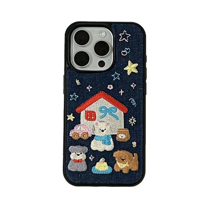 Fashion Denim Fabric Embroidery Puppy Dog Phone Case