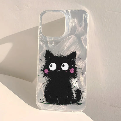 Cute Black Cat Phone Case For iPhone Laser Silver Feather Texture Shockproof Cover