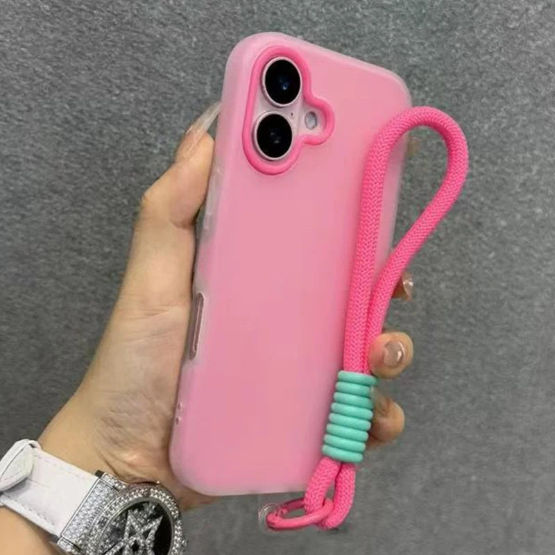 Soft Matte Candy Transparent Phone Case For iPhone Hand Wrist Strap Lanyard Cover