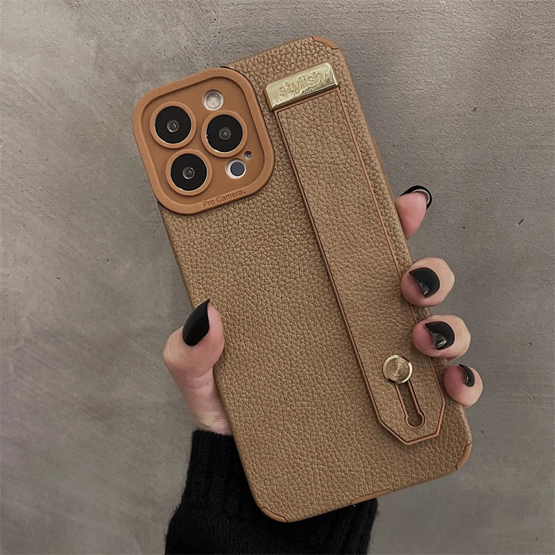 Luxury Wrist Strap Holder Leather Texture Case For iPhone