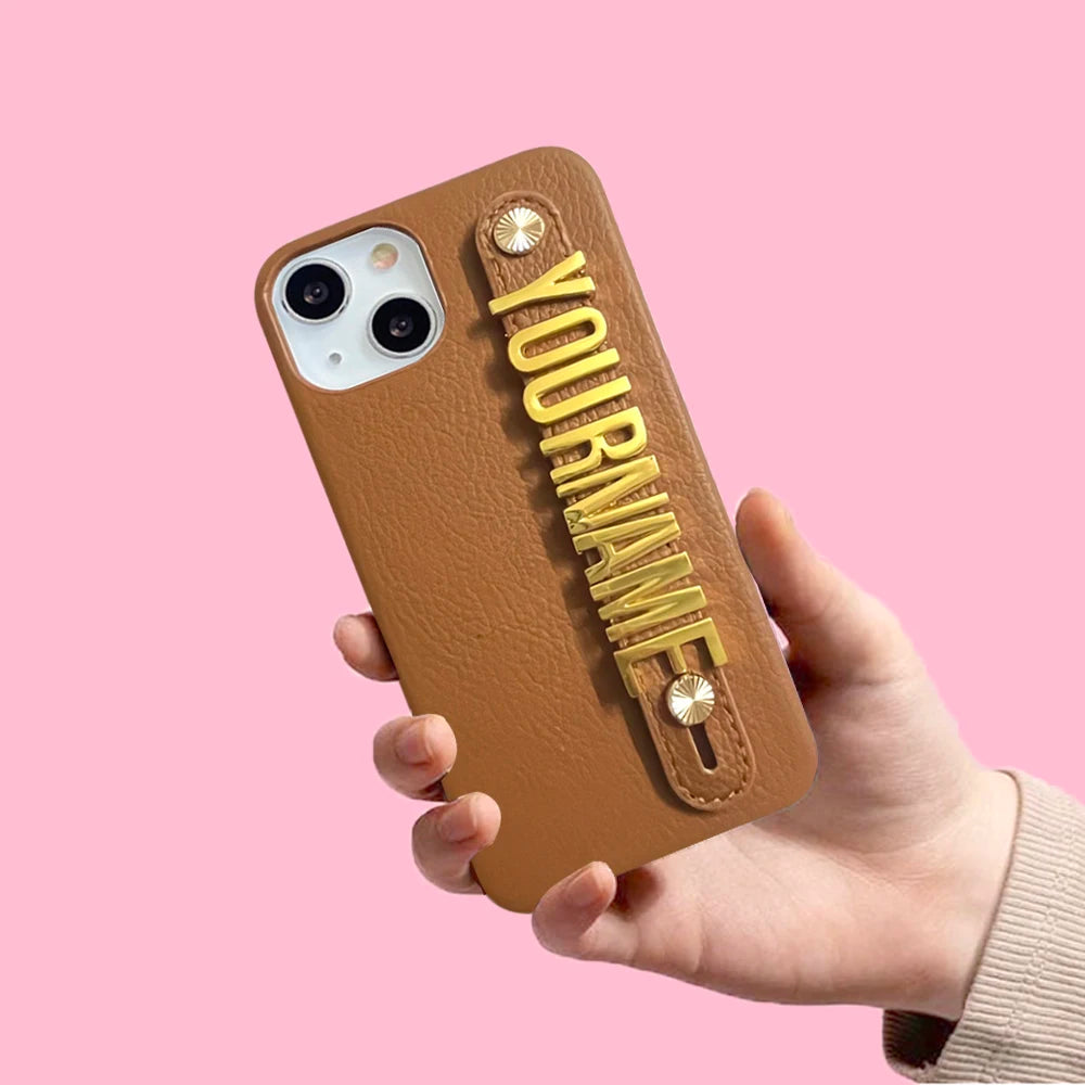 Holding Strap Personalised Custom Name Gold Metal Letters Leather Phone Case For Iphone