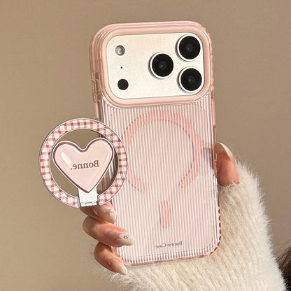 Korean Pink Striped With Plaid Love Heart Bracket Magnetic Phone Case For iPhone