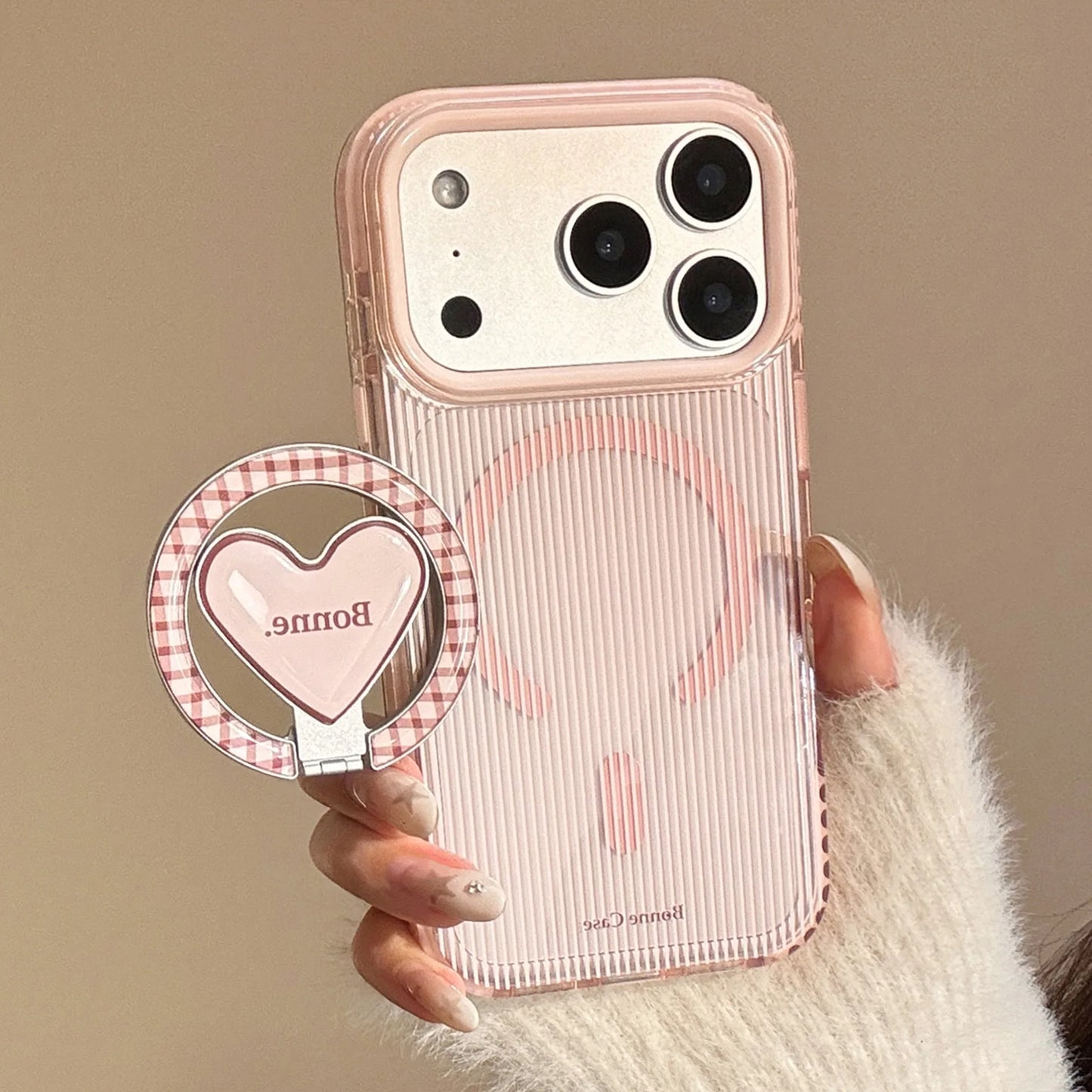 Korean Pink Striped With Plaid Love Heart Bracket Magnetic Phone Case For iPhone