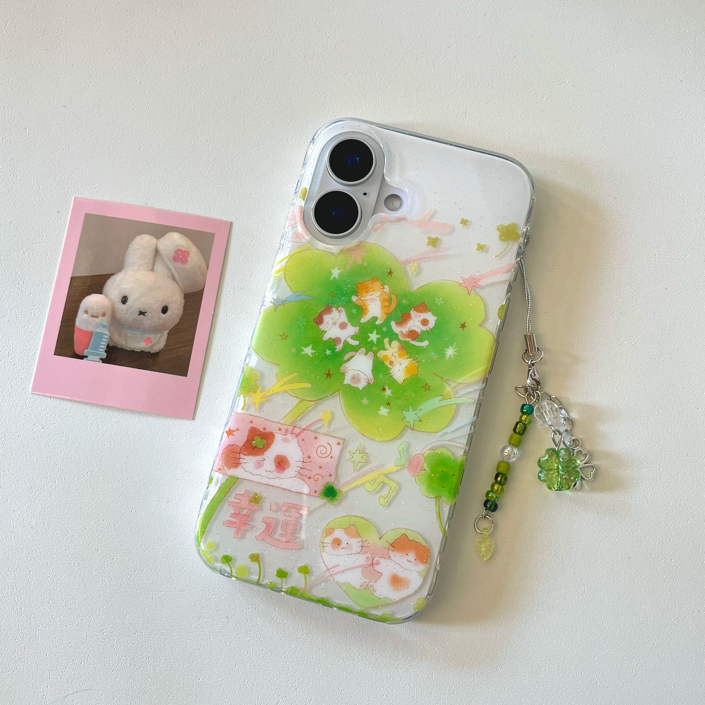 Sparkling Cute Cartoon Cat Lucky Clover Star Pendant Phone Case