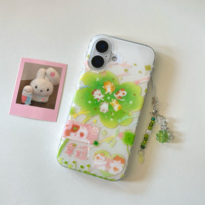 Sparkling Cute Cartoon Cat Lucky Clover Star Pendant Phone Case