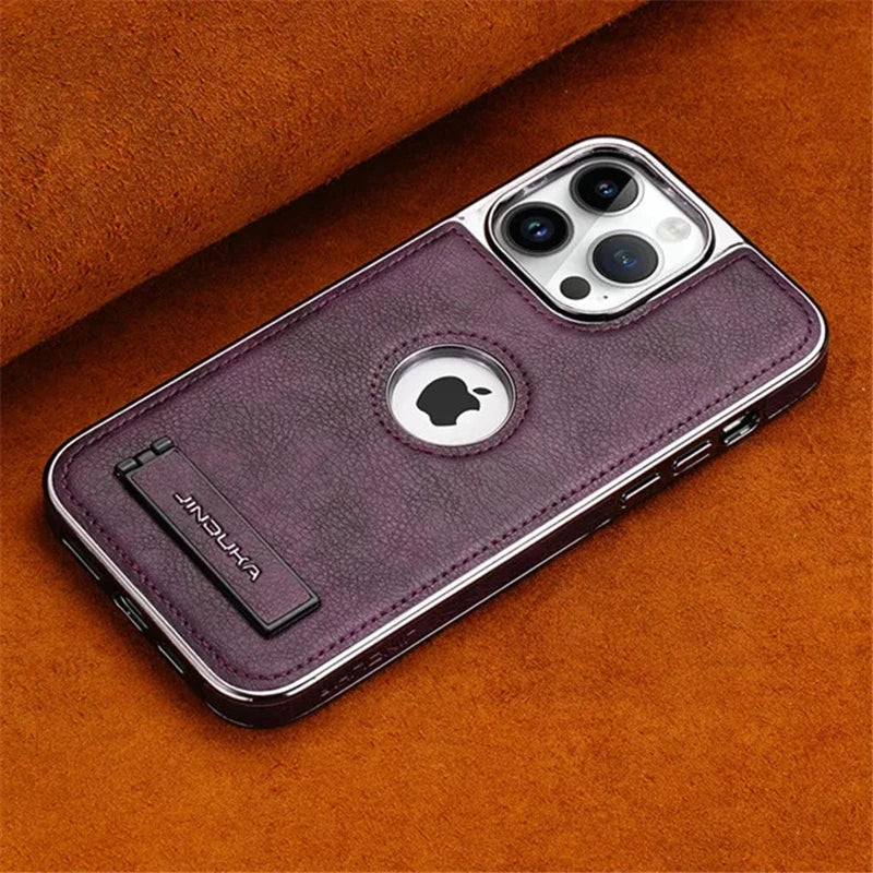 Luxury Plating Bumper Leather Folding Kickstand Phone Case For iPhone