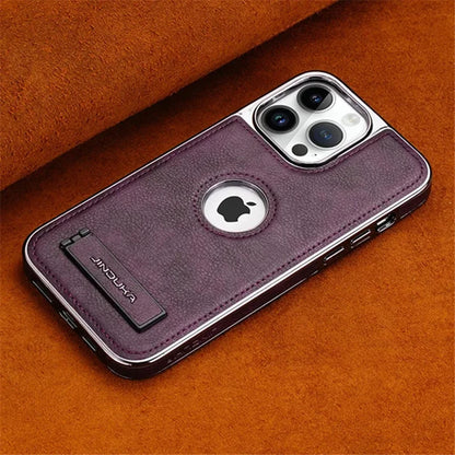 Luxury Plating Bumper Leather Folding Kickstand Phone Case For iPhone