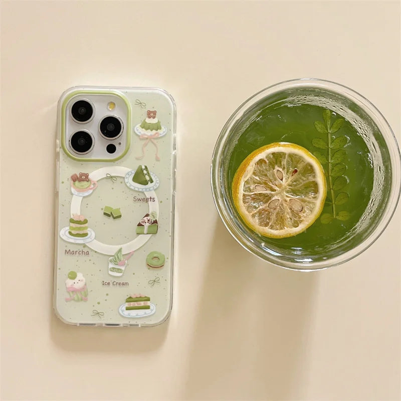 Cute Matcha Cake Magnetic Stand Phone Case For iPhone Magsafe Holder Grip Cases Funda