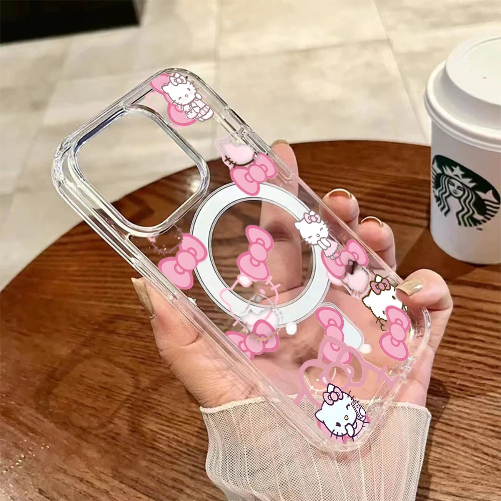 Fashion Hello Kitty For Magsafe Charge Phone Case For iPhone Magnetic Transparent Cover