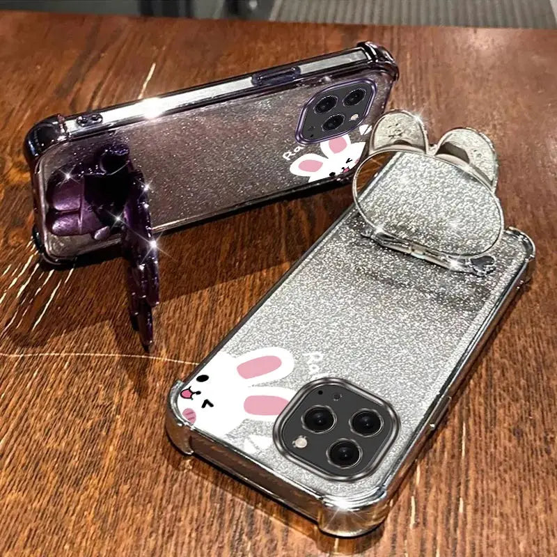 Airbag Glitter Mirror Rabbit Phone Holder Case On For iPhone