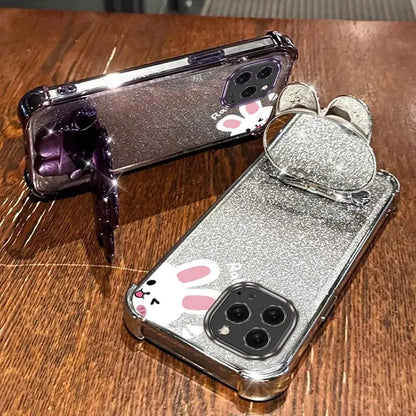 Airbag Glitter Mirror Rabbit Phone Holder Case On For iPhone