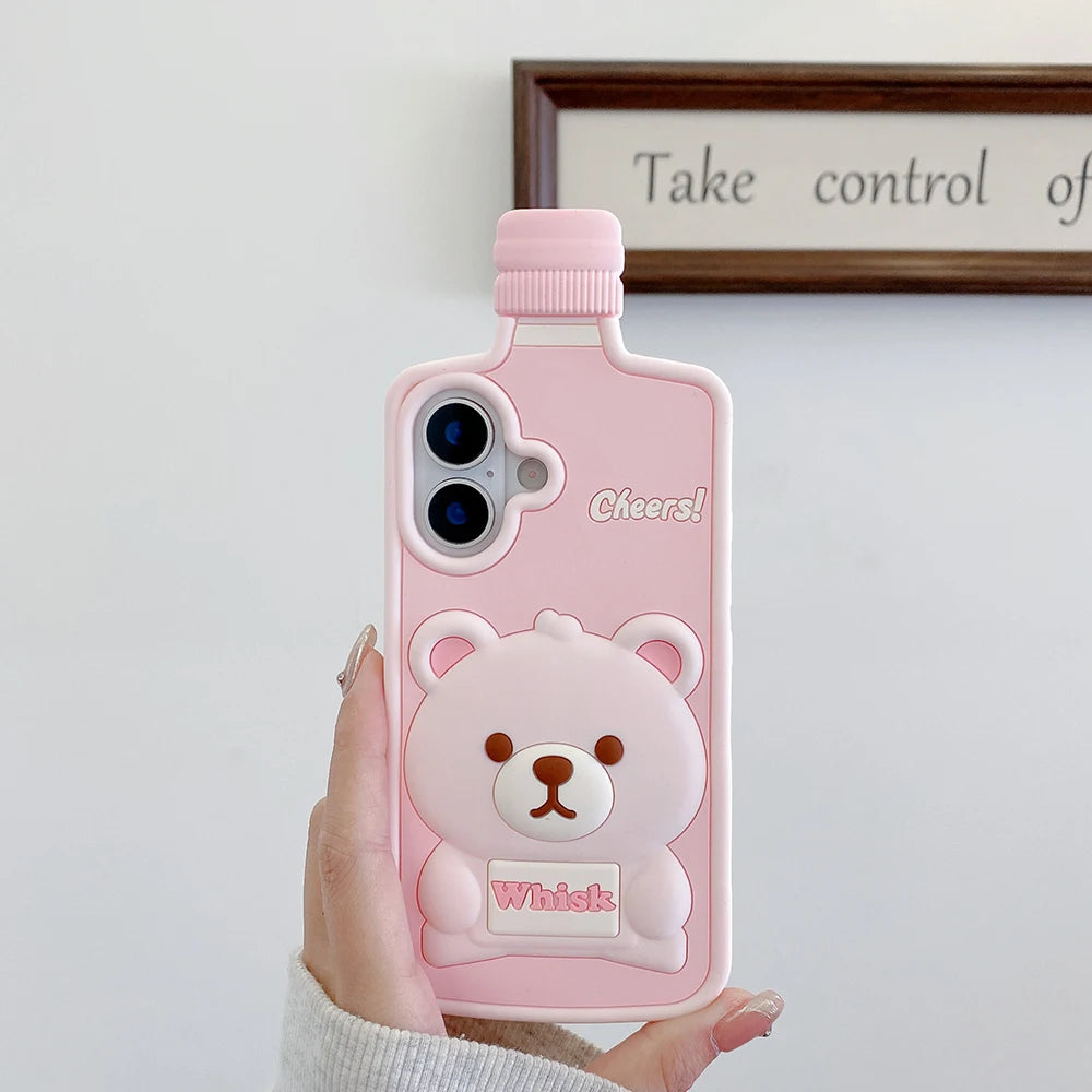 Kawaii 3D Cartoon Bear Wine Bottle Soft Silicone Phone Case For iPhone