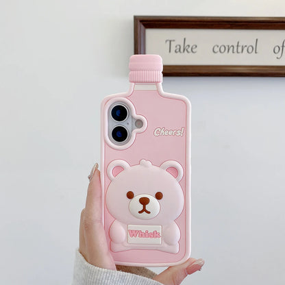 Kawaii 3D Cartoon Bear Wine Bottle Soft Silicone Phone Case For iPhone