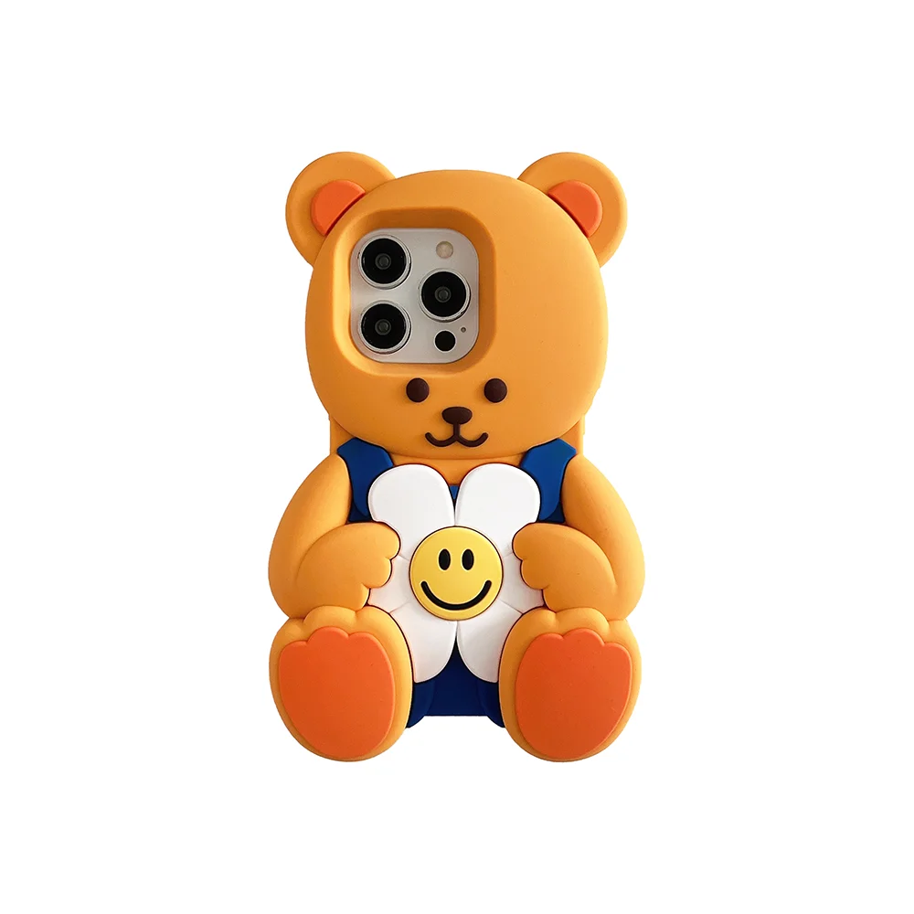 Kawaii 3D Cartoon Floral Teddy Bear Soft Silicone Case For iPhone